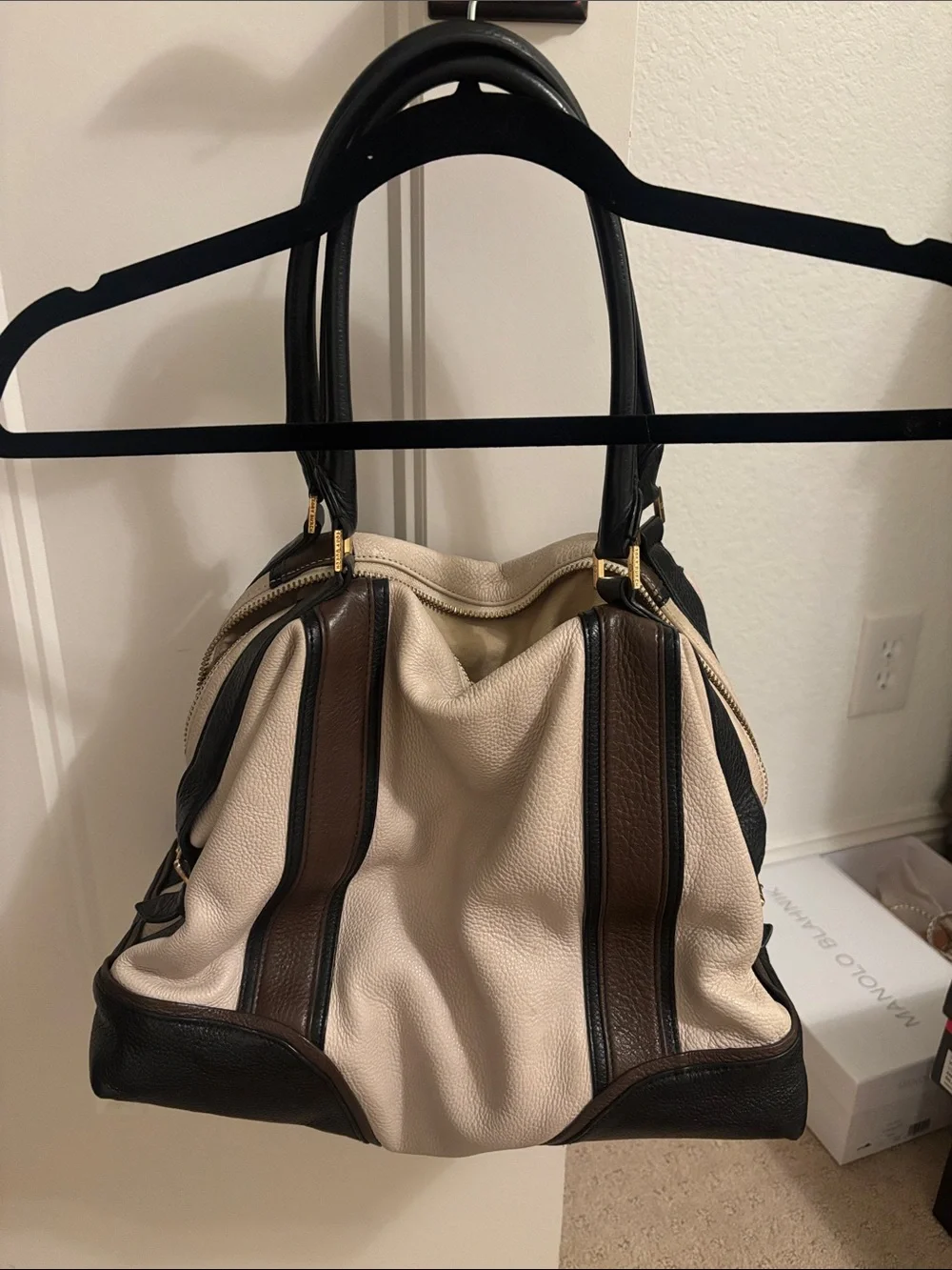Tory Burch Cream and Brown Pebbled Leather Shoulder Bag with Black Trim